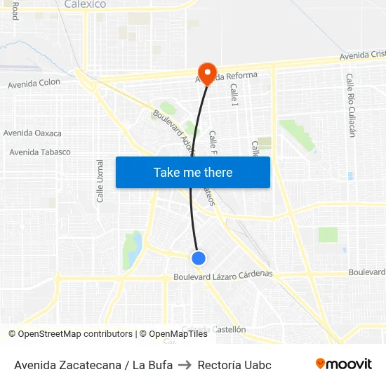 Avenida Zacatecana / La Bufa to Rectoría Uabc map