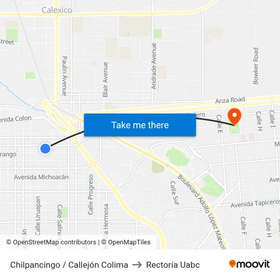 Chilpancingo / Callejón Colima to Rectoría Uabc map