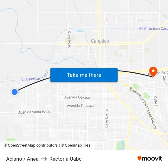 Aciano / Anea to Rectoría Uabc map