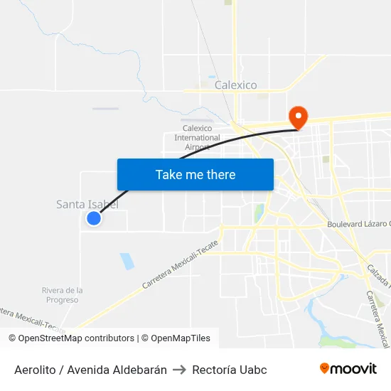 Aerolito / Avenida Aldebarán to Rectoría Uabc map