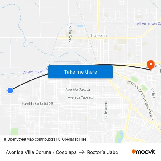 Avenida Villa Coruña / Cosolapa to Rectoría Uabc map