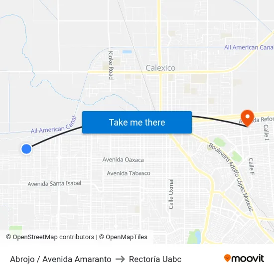 Abrojo / Avenida Amaranto to Rectoría Uabc map