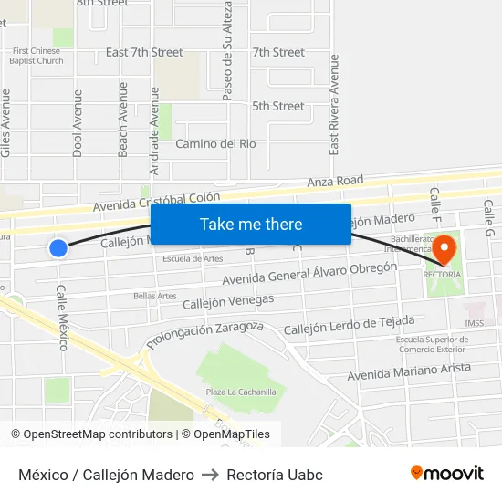 México / Callejón Madero to Rectoría Uabc map