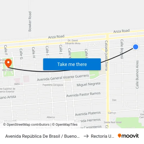Avenida República De Brasil / Buenos Aires to Rectoría Uabc map