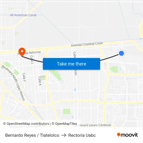 Bernardo Reyes / Tlatelolco to Rectoría Uabc map