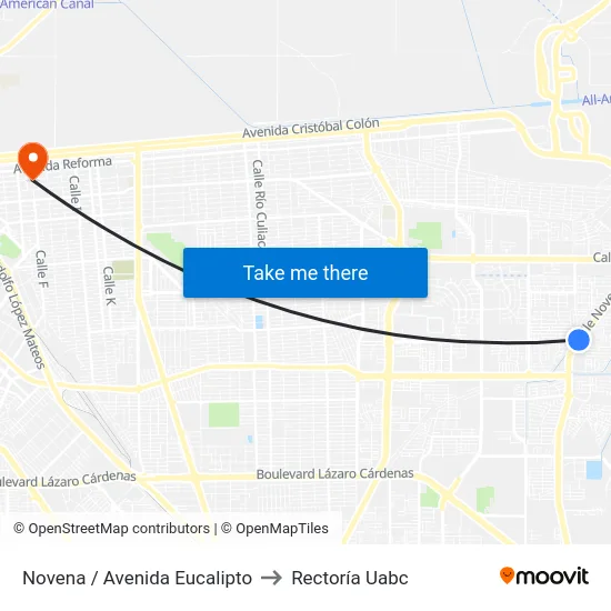 Novena / Avenida Eucalipto to Rectoría Uabc map