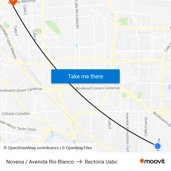 Novena / Avenida Río Blanco to Rectoría Uabc map