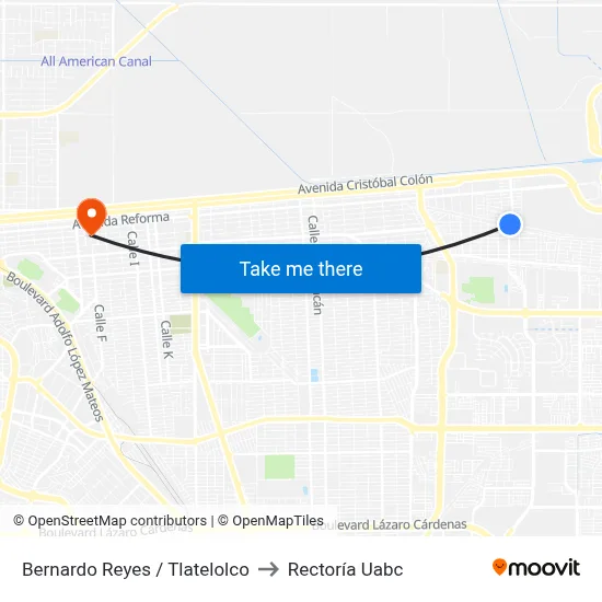 Bernardo Reyes / Tlatelolco to Rectoría Uabc map