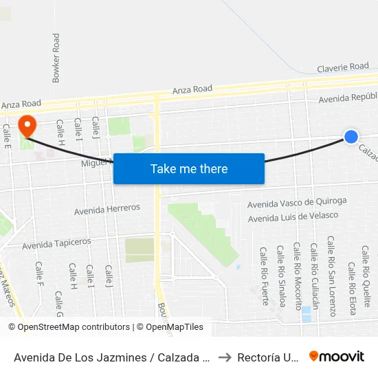 Avenida De Los Jazmines / Calzada Cetys to Rectoría Uabc map