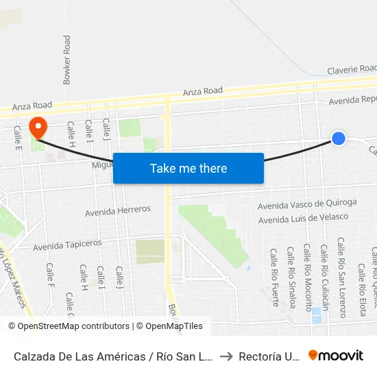 Calzada De Las Américas / Río San Lorenzo to Rectoría Uabc map