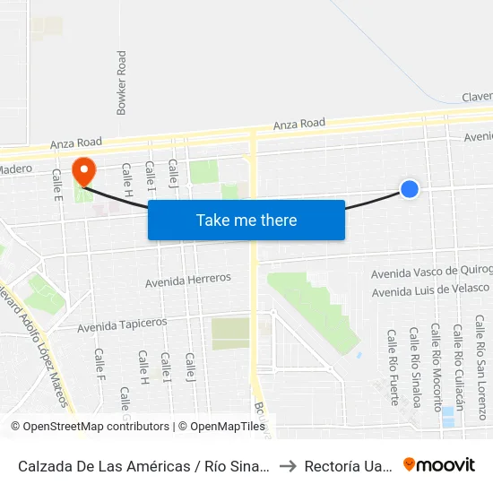 Calzada De Las Américas / Río Sinaloa to Rectoría Uabc map