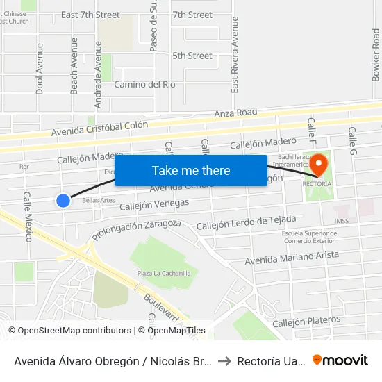 Avenida Álvaro Obregón / Nicolás Bravo to Rectoría Uabc map