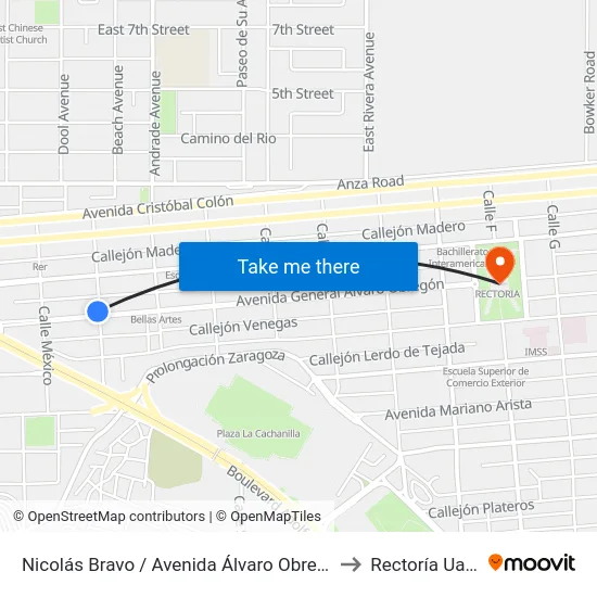 Nicolás Bravo / Avenida Álvaro Obregón to Rectoría Uabc map