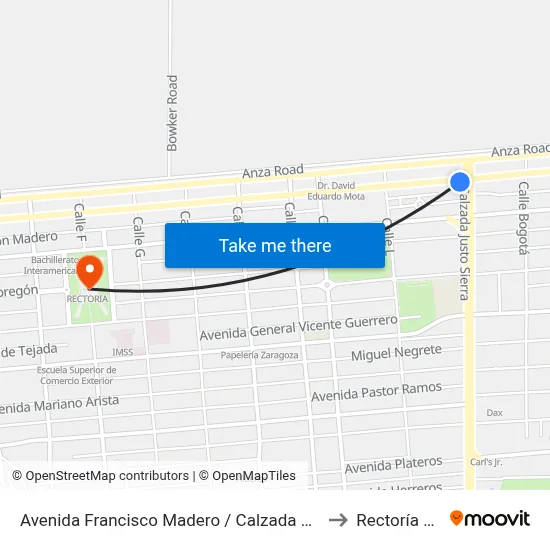 Avenida Francisco Madero / Calzada Justo Sierra to Rectoría Uabc map