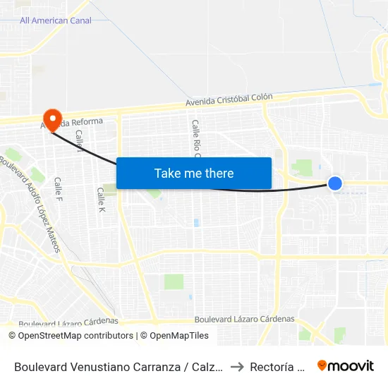 Boulevard Venustiano Carranza / Calzada Cetys to Rectoría Uabc map