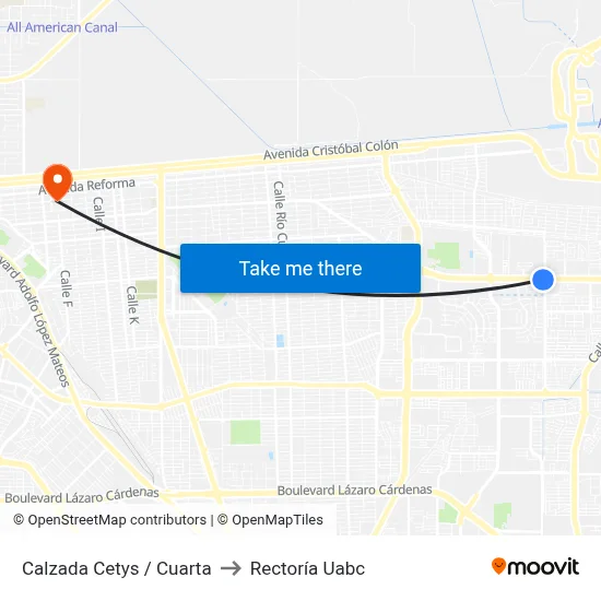 Calzada Cetys / Cuarta to Rectoría Uabc map
