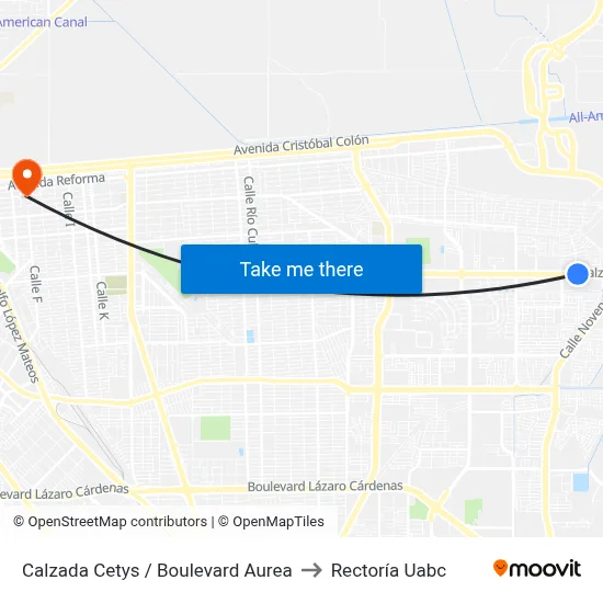 Calzada Cetys / Boulevard Aurea to Rectoría Uabc map