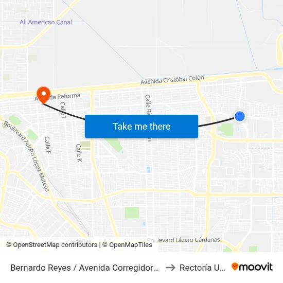 Bernardo Reyes / Avenida Corregidora Norte to Rectoría Uabc map