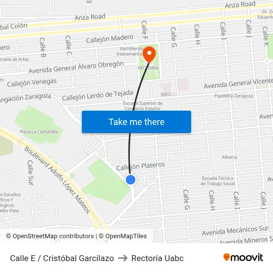 Calle E / Cristóbal Garcilazo to Rectoría Uabc map