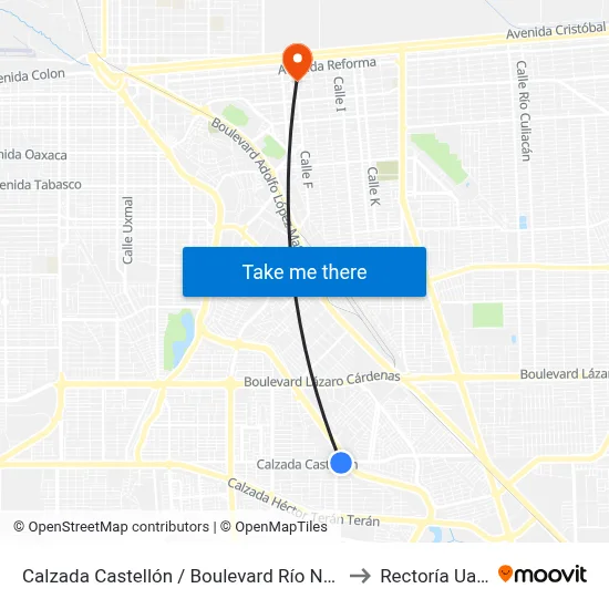 Calzada Castellón / Boulevard Río Nuevo to Rectoría Uabc map