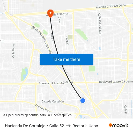 Hacienda De Corralejo / Calle 52 to Rectoría Uabc map