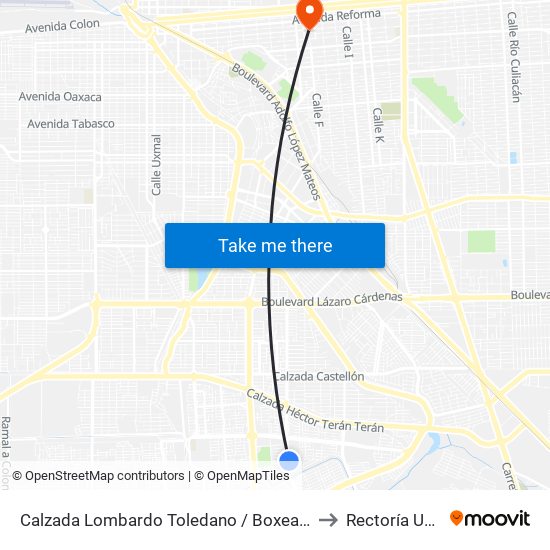 Calzada Lombardo Toledano / Boxeadores to Rectoría Uabc map