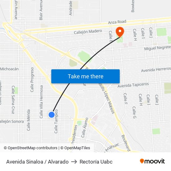 Avenida Sinaloa / Alvarado to Rectoría Uabc map