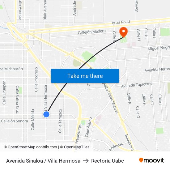 Avenida Sinaloa / Villa Hermosa to Rectoría Uabc map