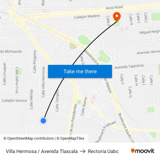 Villa Hermosa / Avenida Tlaxcala to Rectoría Uabc map