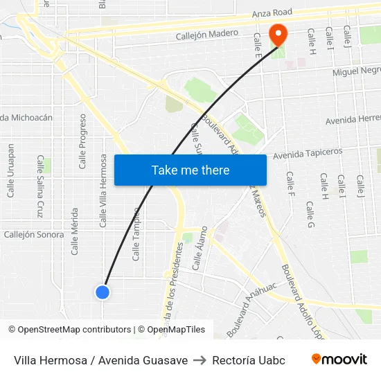 Villa Hermosa / Avenida Guasave to Rectoría Uabc map