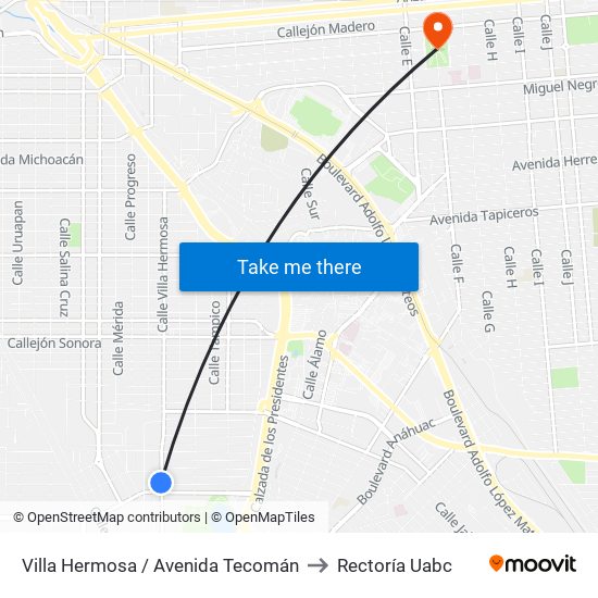 Villa Hermosa / Avenida Tecomán to Rectoría Uabc map