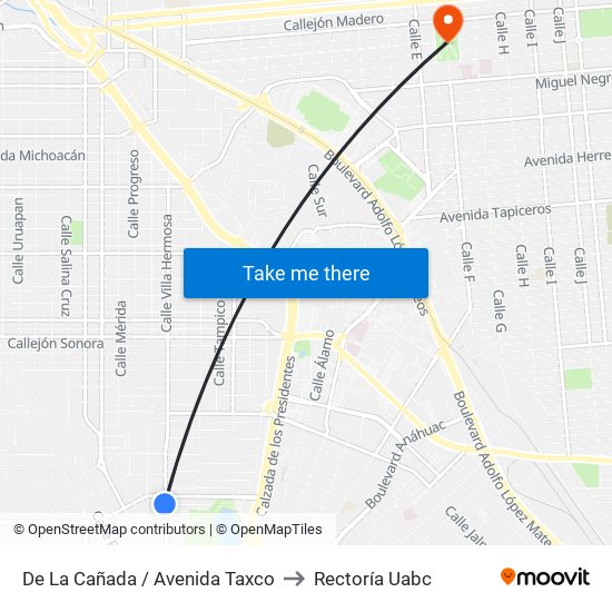 De La Cañada / Avenida Taxco to Rectoría Uabc map