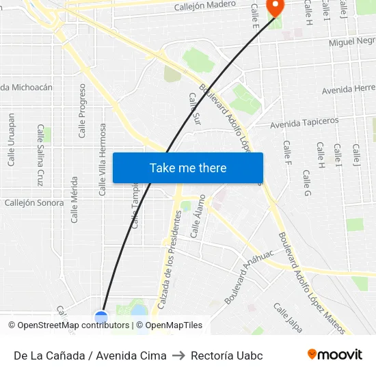 De La Cañada / Avenida Cima to Rectoría Uabc map
