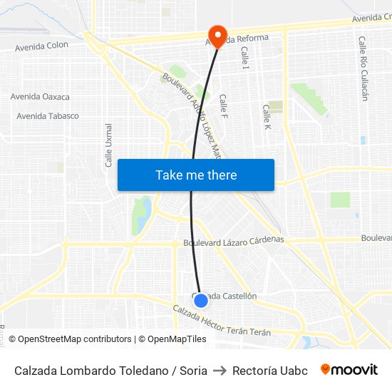 Calzada Lombardo Toledano / Soria to Rectoría Uabc map