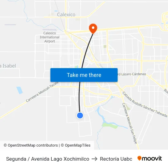Segunda / Avenida Lago Xochimilco to Rectoría Uabc map