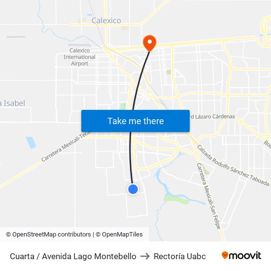 Cuarta / Avenida Lago Montebello to Rectoría Uabc map
