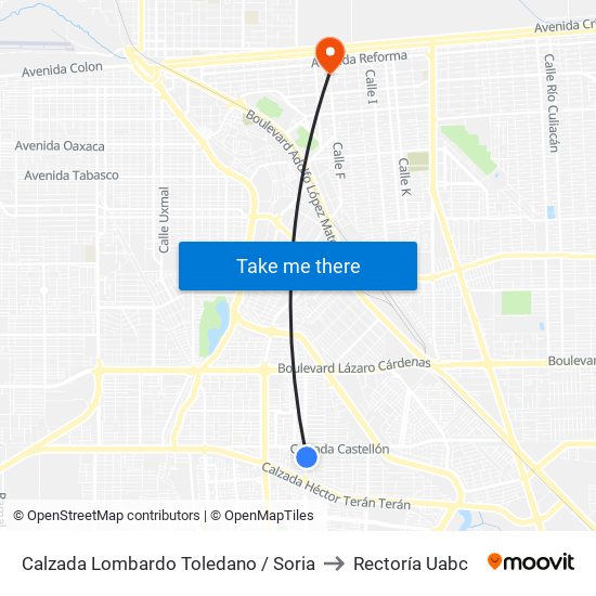 Calzada Lombardo Toledano / Soria to Rectoría Uabc map