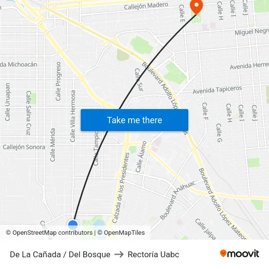 De La Cañada / Del Bosque to Rectoría Uabc map