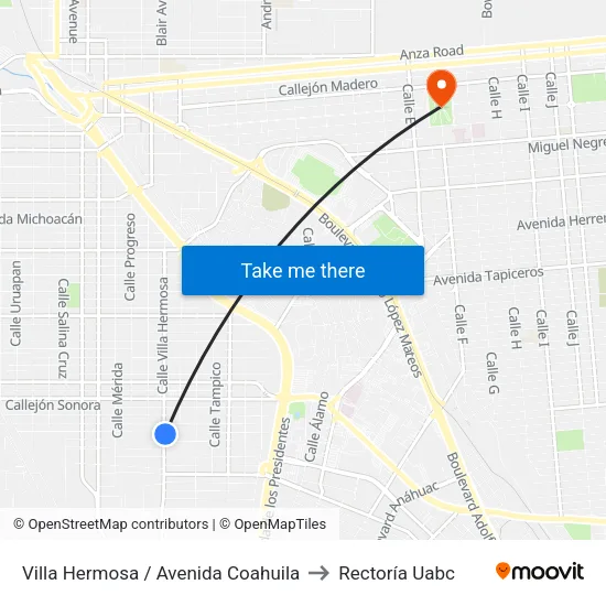 Villa Hermosa / Avenida Coahuila to Rectoría Uabc map