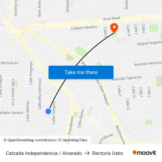 Calzada Independencia / Alvarado to Rectoría Uabc map
