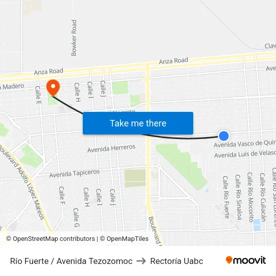 Río Fuerte / Avenida Tezozomoc to Rectoría Uabc map