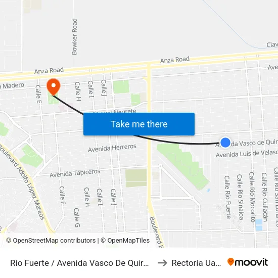Río Fuerte / Avenida Vasco De Quiroga to Rectoría Uabc map