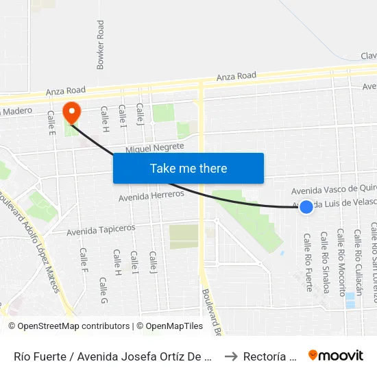Río Fuerte / Avenida Josefa Ortíz De Domínguez to Rectoría Uabc map