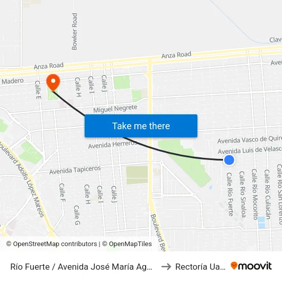 Río Fuerte / Avenida José María Aguayo to Rectoría Uabc map