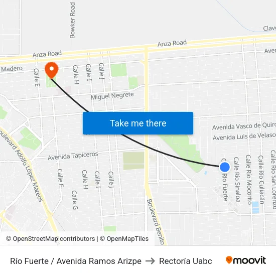 Río Fuerte / Avenida Ramos Arizpe to Rectoría Uabc map