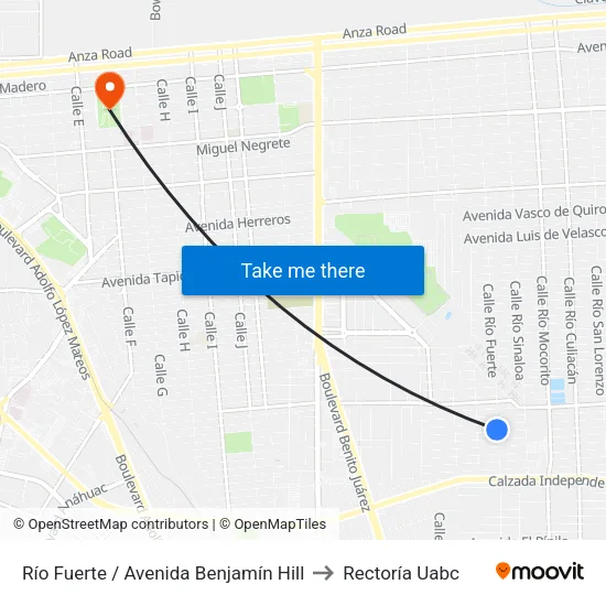 Río Fuerte / Avenida Benjamín Hill to Rectoría Uabc map