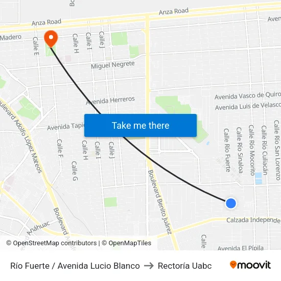 Río Fuerte / Avenida Lucio Blanco to Rectoría Uabc map