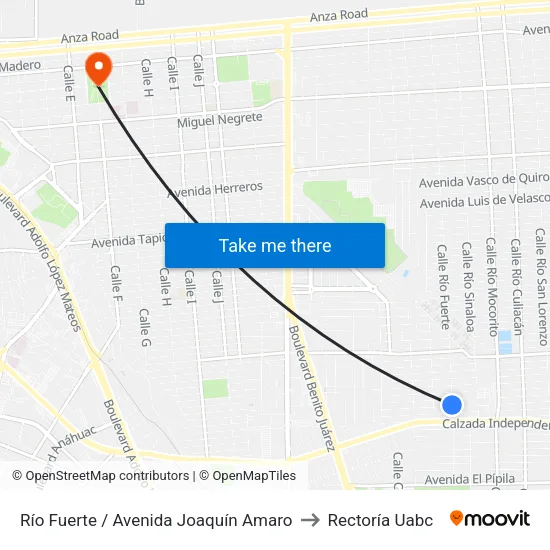 Río Fuerte / Avenida Joaquín Amaro to Rectoría Uabc map