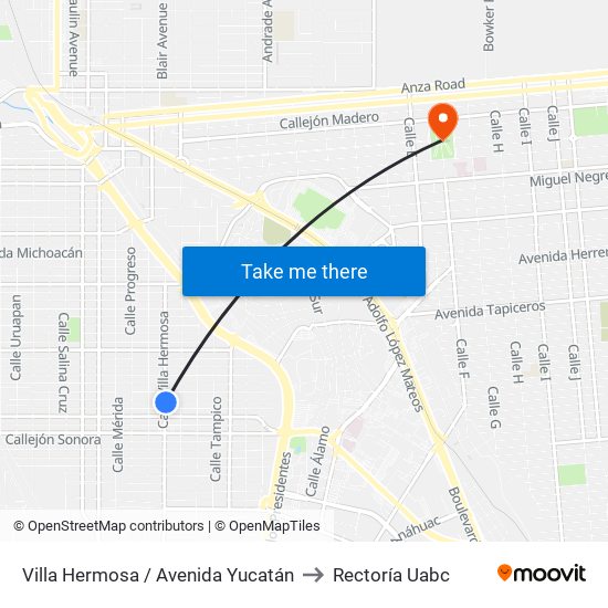 Villa Hermosa / Avenida Yucatán to Rectoría Uabc map