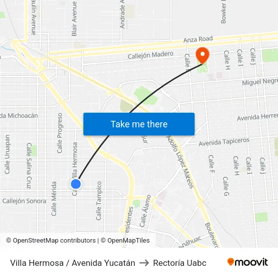 Villa Hermosa / Avenida Yucatán to Rectoría Uabc map
